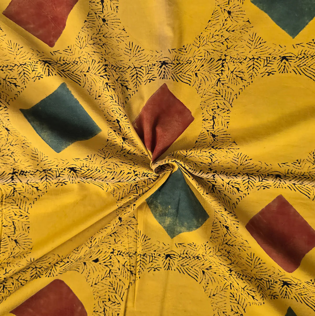 (Pre-Cut 1.10 Meter) Pure Cotton Ajrak Yellow With Green And Red Intri ...