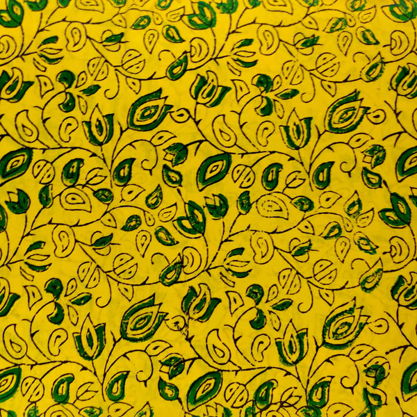 BLOUSE PIECE 1.20 METER Pure Cotton Ajrak Yellow With Green Floral Jaal Hand Block Print Fabric