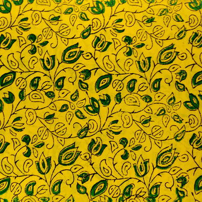 PRE-CUT 1.5 METER Pure Cotton Ajrak Yellow With Green Floral Jaal Hand Block Print Fabric