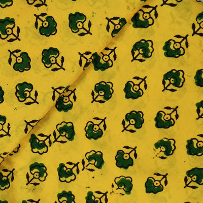 ( Pre-Cut 1.35 Meter ) Pure Cotton Ajrak Yellow With Green Motifs Hand Block Print Fabric