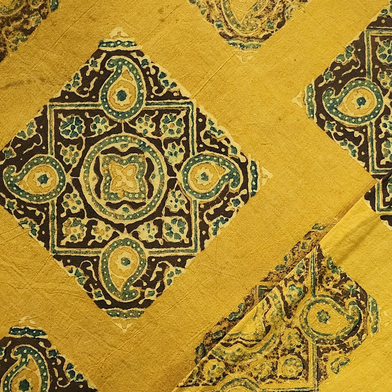 Pure Cotton Ajrak Yellow With Green Square Intricate Design Hand Block Print Fabric