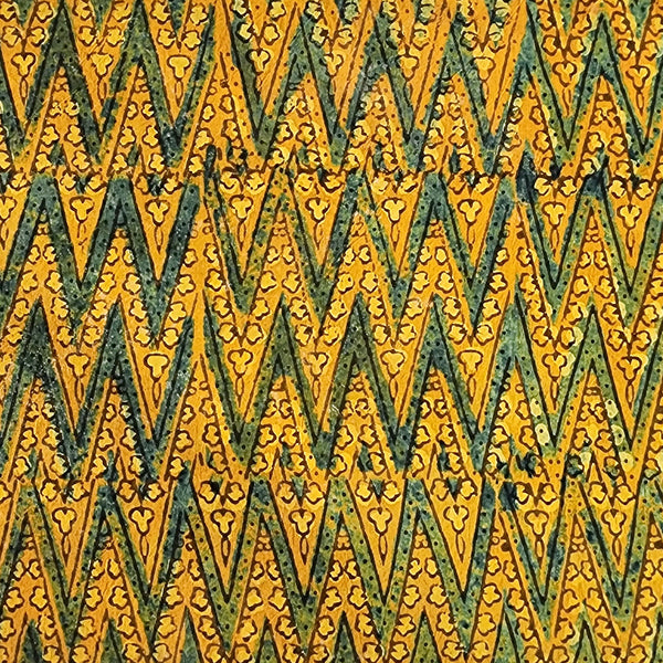 Pure Cotton Ajrak Yellow With Green Zig-Zag Intricate Design Hand Block Print Fabric
