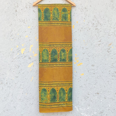 Pure Cotton Ajrak Yellow With Rust Green Big Border Intricate Design Hand Block Print Fabric