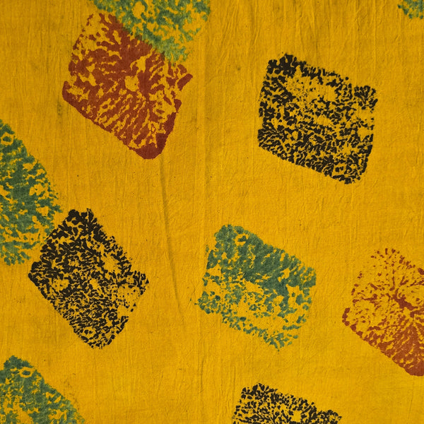 Pure Cotton Ajrak Yellow With Rust Red And Green Patches Hand Block Print Fabric