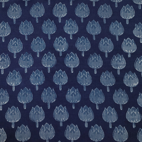 Pure Cotton Akola Indigo Tulip Flower Motif Hand Block Print Fabric