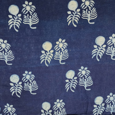 ( Pre-Cut 1.15 Meter ) Pure Cotton Akola  Indigo Two Different Flower Motif Hand Block Print Fabric