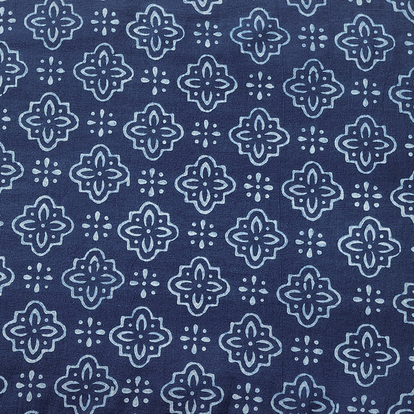 (PRE-CUT 0.95 METER) Pure Cotton Akola Indigo With Tiles Pattern Flower Design Hand Block Print Fabric