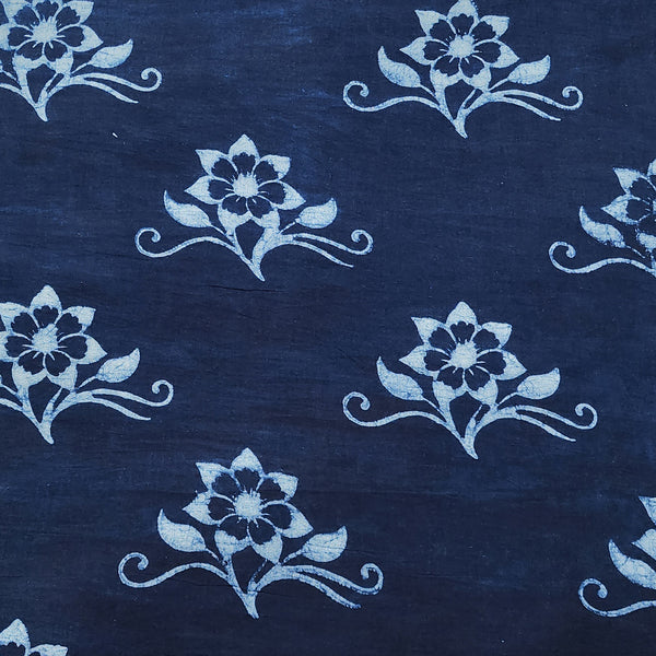Pure Cotton Akola Indigo With White Fat Flower Motif Hand Block Print Fabric