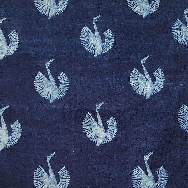 Pure Cotton Akola Indigo With White Intricate Bird Motif Hand Block Print