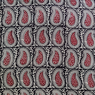 ( Pre-Cut 1.10 Meter ) Pure Cotton Bagh Black With Kairi All Over Pattern Motif Hand Block Print Fabric