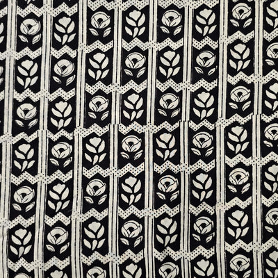 Pure Cotton  Bagru Black And Cream Flower Creeper Hand Block Print Fabric