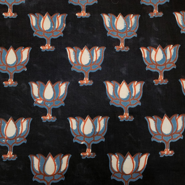 Pure Cotton Bagru Black With Blue Lotus Flower  Hand Block Print Fabric
