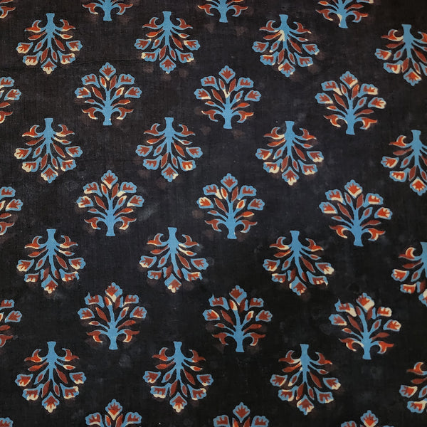 (Pre cut 2.28 Meter )Pure Cotton Bagru Black With Blue Wild Flower  Hand Block Print Fabric