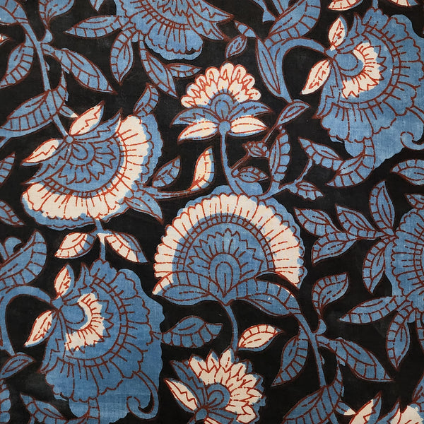 Pure Cotton Bagru Black With Blue Wild Flower Jaal Hand Block Print Fabric