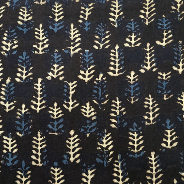 Pure Cotton Bagru Black With Cream And Blue Flower Motif Hand Block Print Fabric