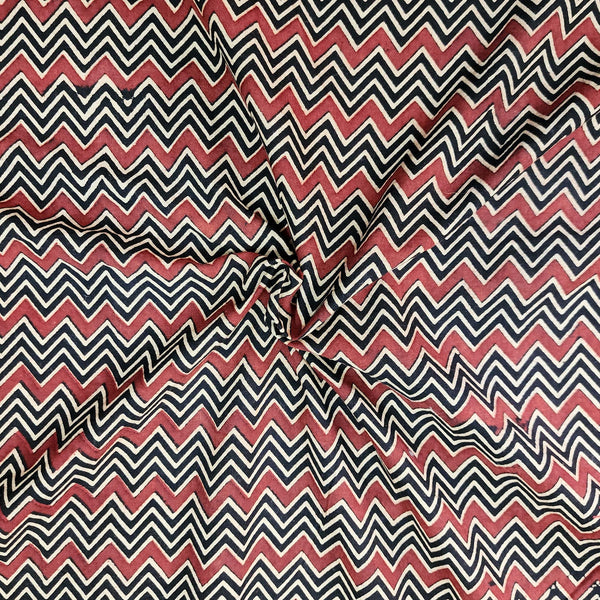 ( Pre-Cut 1.45 Meter ) Pure Cotton Bagru Black With Cream And Red Zig-Zag Hand Block Print Fabric