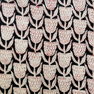 Pure Cotton Bagru Black With Cream Intricate Flower Motifs Hand Block Print Fabric