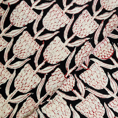 Pure Cotton Bagru Black With Cream Intricate Flower Motifs Hand Block Print Fabric
