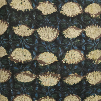 Pure Cotton Bagru Black With Cream Lotus Jaal Hand Block Print Fabric