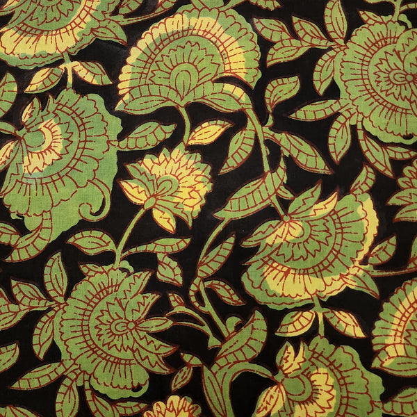 Pure Cotton Bagru Black With Green Wild Flower Jaal Hand Block Print Fabric