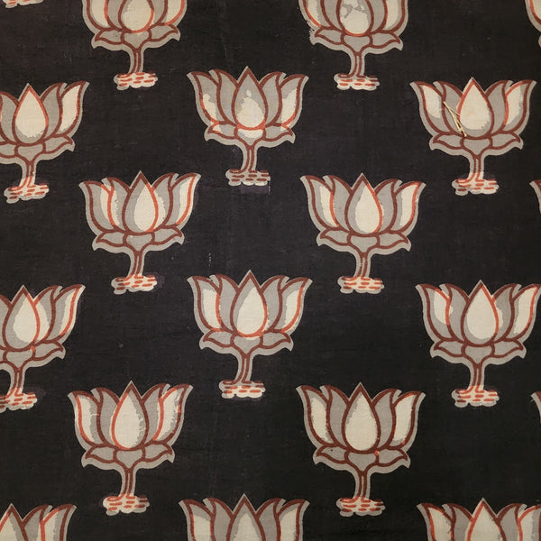 Pure Cotton Bagru Black With Grey Lotus Flower Hand Block Print Fabric