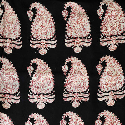 ( Pre-Cut 0.90 Meter ) Modal Cotton Bagru Black With Intricate Kairi Hand Block Print Fabric