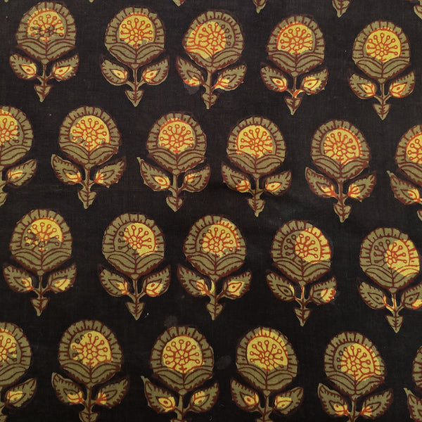 Pure Cotton Bagru Black With Mustard And Brown Flower Motif Hand Block Print Fabric
