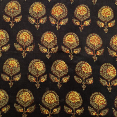 Pure Cotton Bagru Black With Mustard And Brown Flower Motif Hand Block Print Fabric