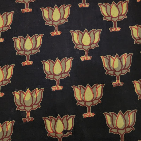 Pure Cotton Bagru Black With Mustard Lotus Flower  Hand Block Print Fabric