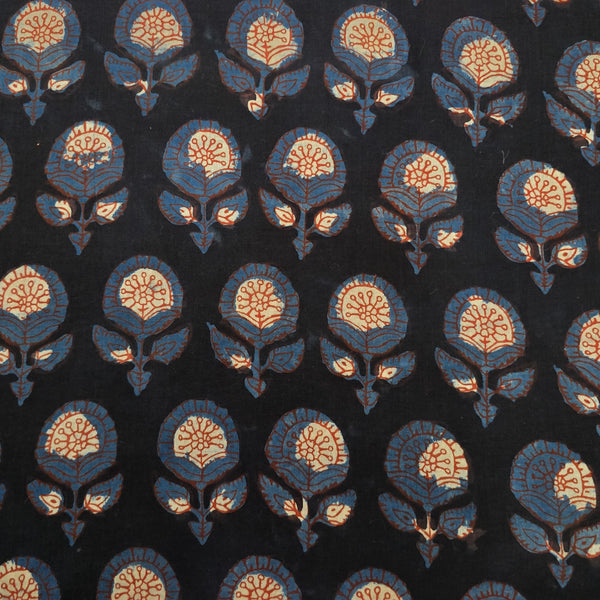 Pure Cotton Bagru Black With Red And Blue Flower Motif Hand Block Print Fabric