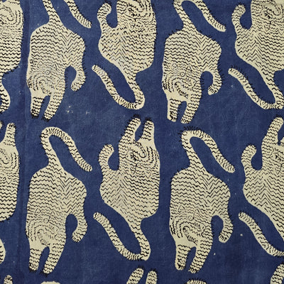 Pure Cotton Bagru Blue With Cream And Black Tiger Hand Block Print Fabric