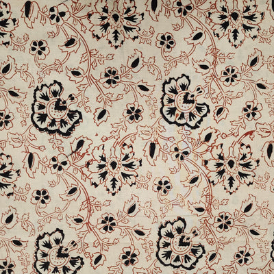 ( Pre-Cut 1 Meter ) Pure Cotton Bagru Cream With Black And Rust Jaal Hand Block Print Fabric