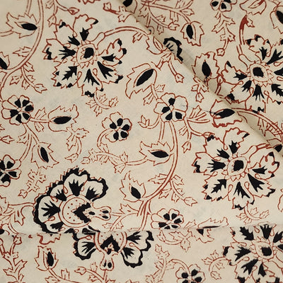 ( Pre-Cut 1 Meter ) Pure Cotton Bagru Cream With Black And Rust Jaal Hand Block Print Fabric