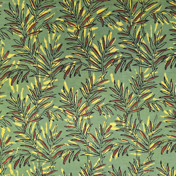 Pure Cotton Bagru Green Grass Intricate Design Hand Block Print Fabric