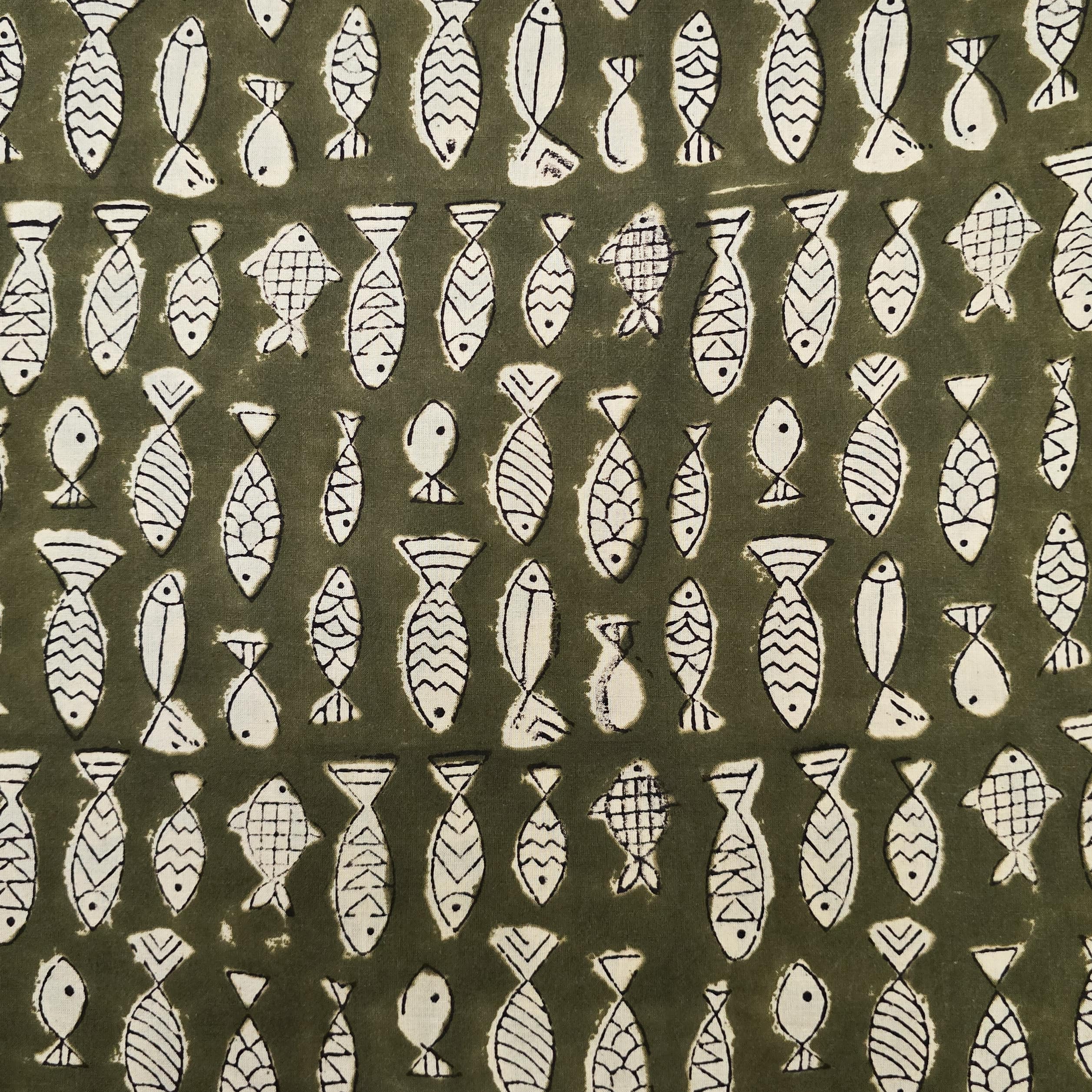 Pure Cotton Bagru Green With Cream Fish Hand Block Print Fabric – Sanskruti