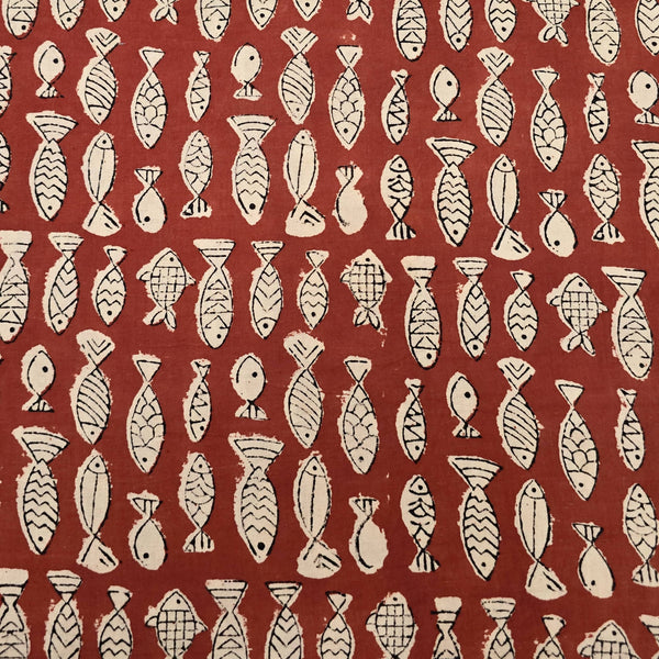 Pure Cotton Bagru Red With Cream Fish Hand Block Print Fabric
