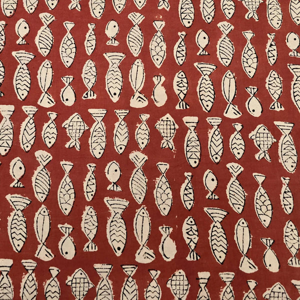 ( PRE-CUT 1.70 METER ) Pure Cotton Bagru Red With Cream Fish Hand Block Print Fabric