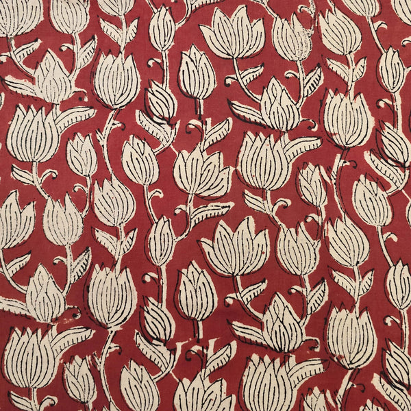Pure Cotton Bagru Red With Cream Flower Creeper Hand Block Print Fabric