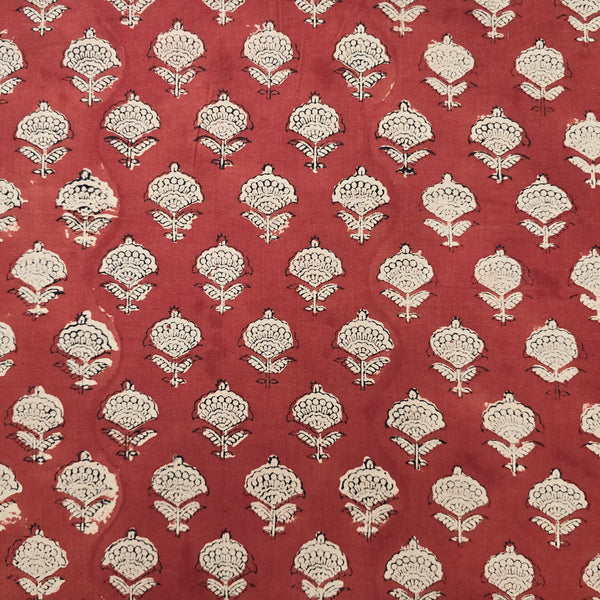 Pure Cotton Bagru Red With Cream Flower Motif Hand Block Print Fabric