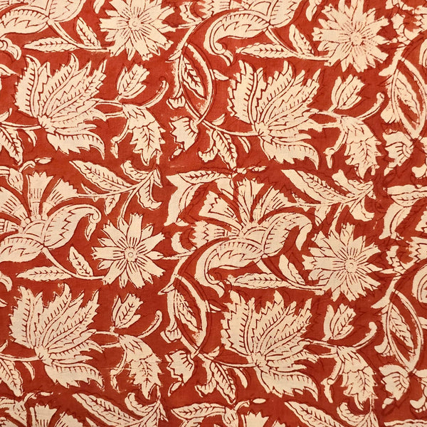 Pure Cotton Bagru Red With Off White Jungle Flower Jaal Hand Block Print Fabric
