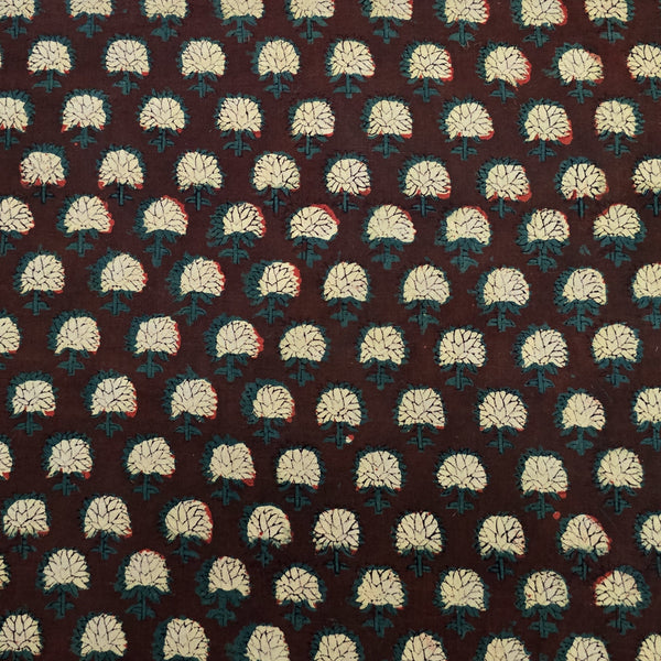 Pure Cotton Bagru Rust Blue And Black And Cream Flower Motif Hand Block Print Fabric