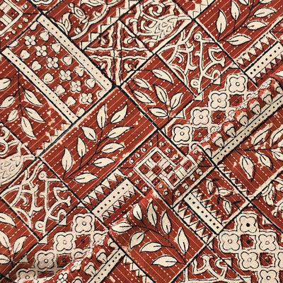 Pure Cotton Bagru Rust Red And Cream With Black Intricate Patches Design   Hand Block Print Fabric
