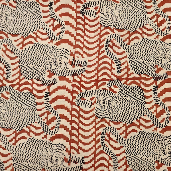 PreCut 0.95 Meter Pure Cotton Bagru Rust Red With Black And Cream Tiger  Design Hand Block Print Fabric