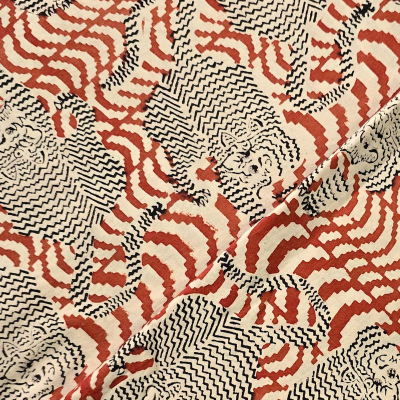 Pure Cotton Bagru Rust Red With Black And Cream Tiger  Design Hand Block Print Fabric