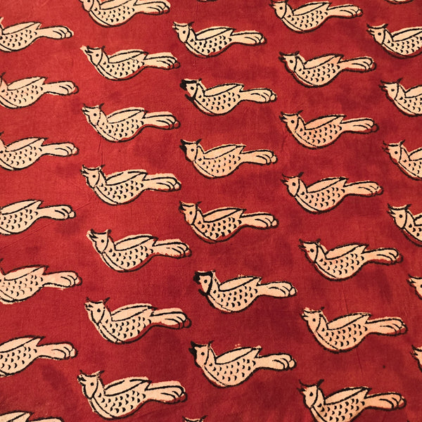 Pure Cotton Bagru Rust Red With Cream Birds Hand Block Print Fabric