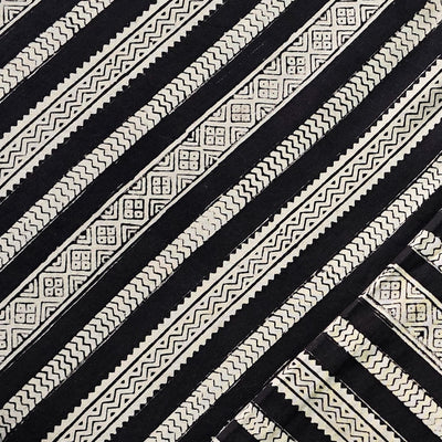 Pure Cotton Bagru White And Black Border Intricate Design Hand Block Print Fabric