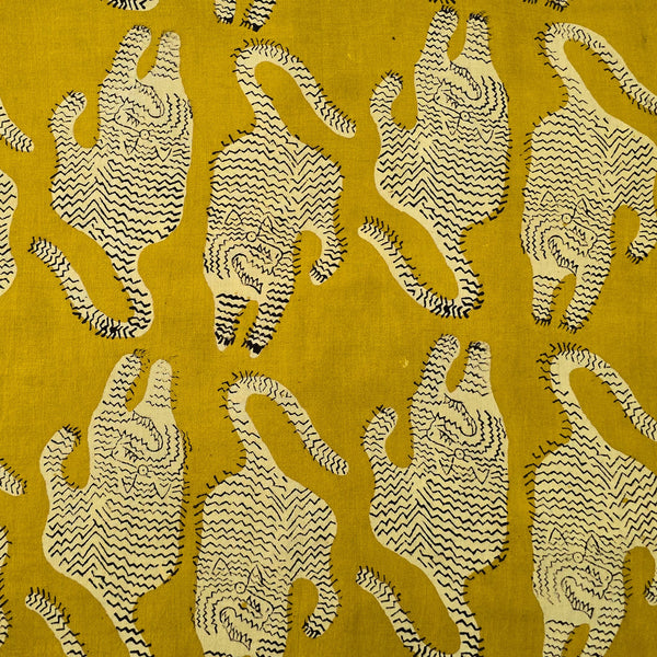 Pure Cotton Bagru Yellow With Cream And Black Tiger Hand Block Print Fabric