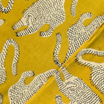 Pure Cotton Bagru Yellow With Cream And Black Tiger Hand Block Print Fabric