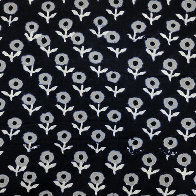 Pure Cotton Black And White Flower Buds Motif Hand Block Print Fabric