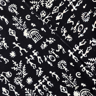 Pure Cotton Black And White Warli Design Hand Block Print Fabric